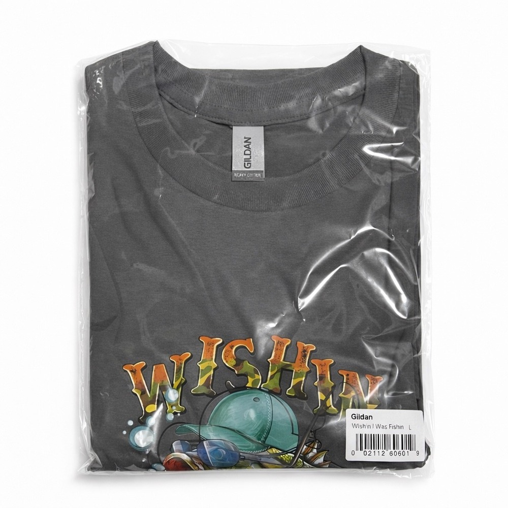 Gildan Wishin I Was‎ Fishin Graphic T-Shirt Charcoal Grey Large Heavy Cotton - Picture 8 of 8